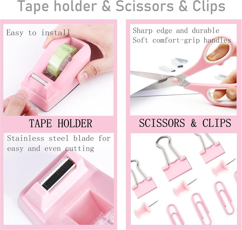 Dimonluce Pink Desk Accessories, Pink Office Supplies Accessories with Tape Dispenser, Stapler, Staple Remover, 1000 Staples, Tape, Clips Set, Ruler, Scissor, Pen - Image 3